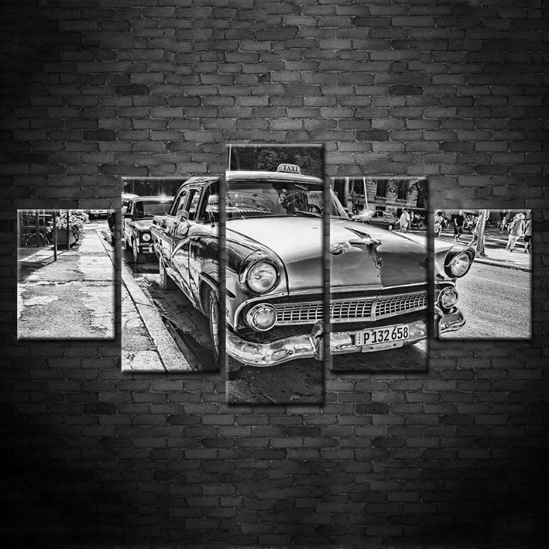 5 Piece Black & White Vintage Car - Canvas Wall Art Painting | Bowlift