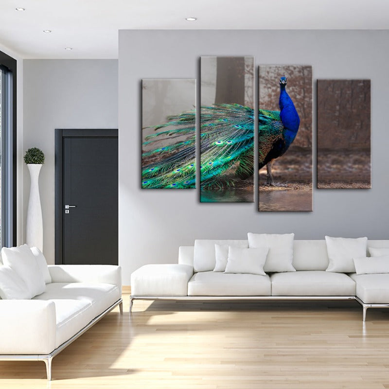 4 Piece Vivid Peacock by the Pond - Canvas Wall Art Painting | Bowlift