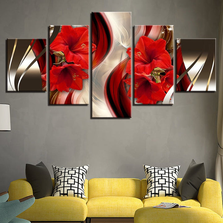 5 Piece Black Background Red Hibiscus Flower - Canvas Wall Art Painting | Bowlift