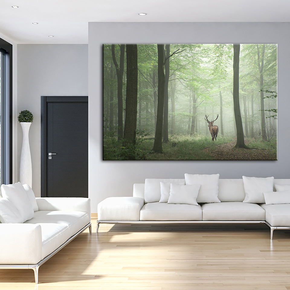 Misty Mystical Deer In The Woods - Canvas Wall Art Painting | Bowlift