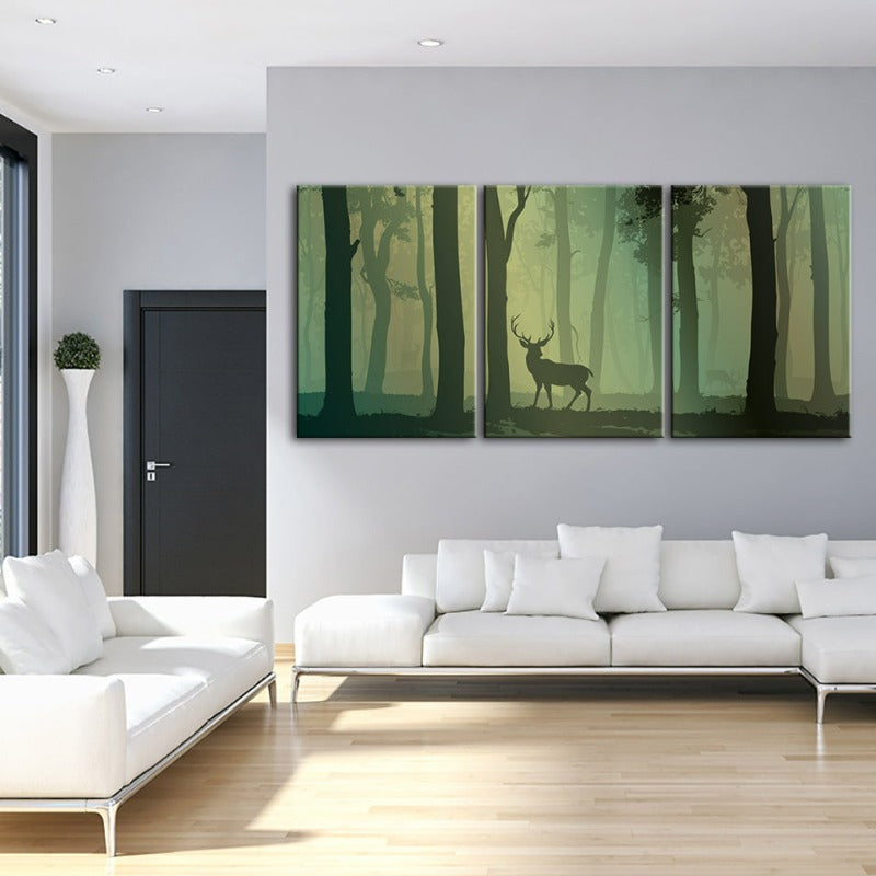 Enchanted Green Toned Silhouetted Deer-Canvas Wall Art Painting 3 Pieces | Bowlift