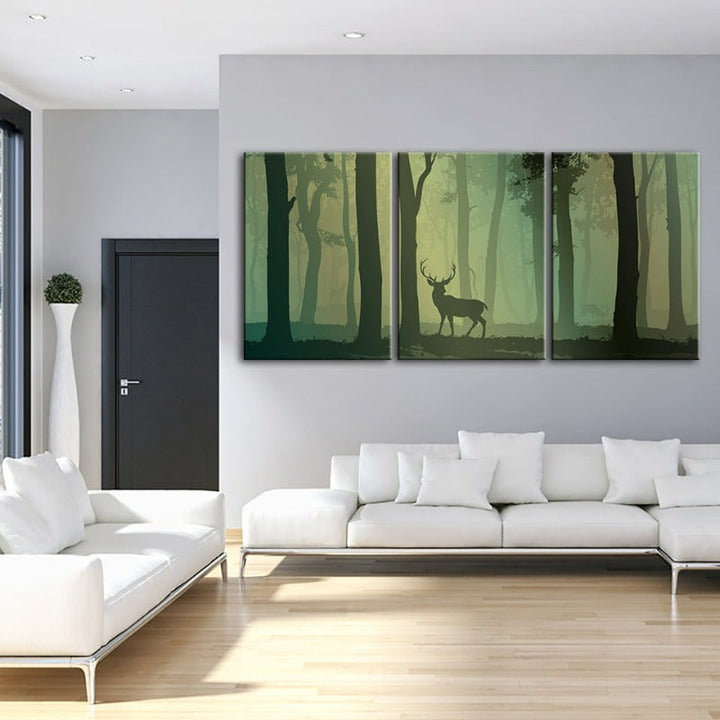 Enchanted Green Toned Silhouetted Deer-Canvas Wall Art Painting 3 Pieces | Bowlift