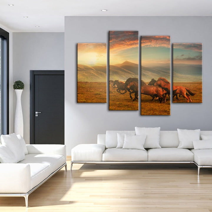 4 Piece Running Horses With Beautiful Landscape - Canvas Wall Art Painting | Bowlift