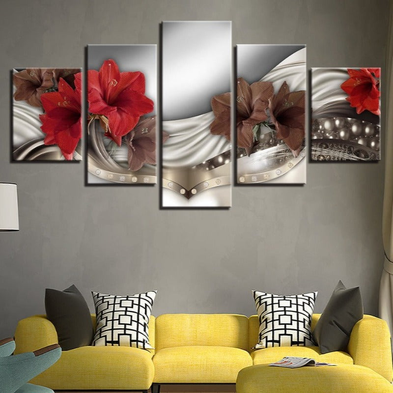 5 Piece Brown & Red Hibiscus Flower - Canvas Wall Art Painting | Bowlift