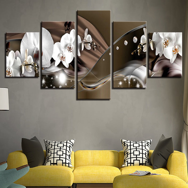 5 Piece Brown Metallic Background White Flower - Canvas Wall Art Painting | Bowlift