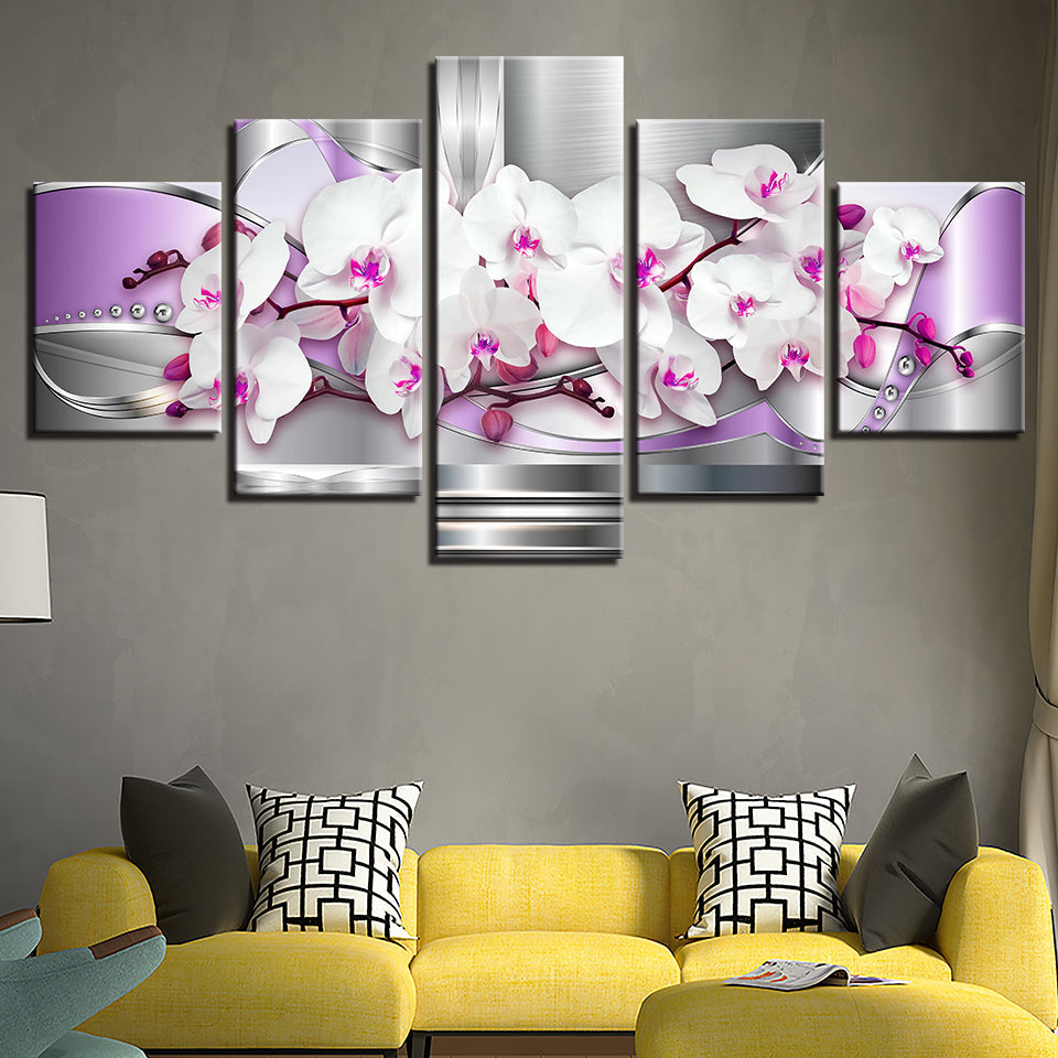 Metallic White And Purple Orchids 5 Piece - Canvas Wall Art Painting | Bowlift