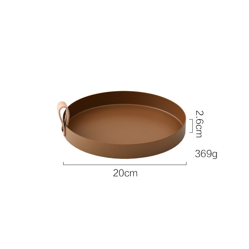 BowLift | Nordic Style Leather Handle Wrought Iron Round Tray Color Storage Plate Water Glass Plate Home Decor