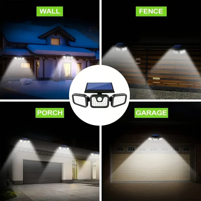 BowLift | Solar LED floodlight with motion sensor – 3-beam outdoor lighting for garden, yard, and garage