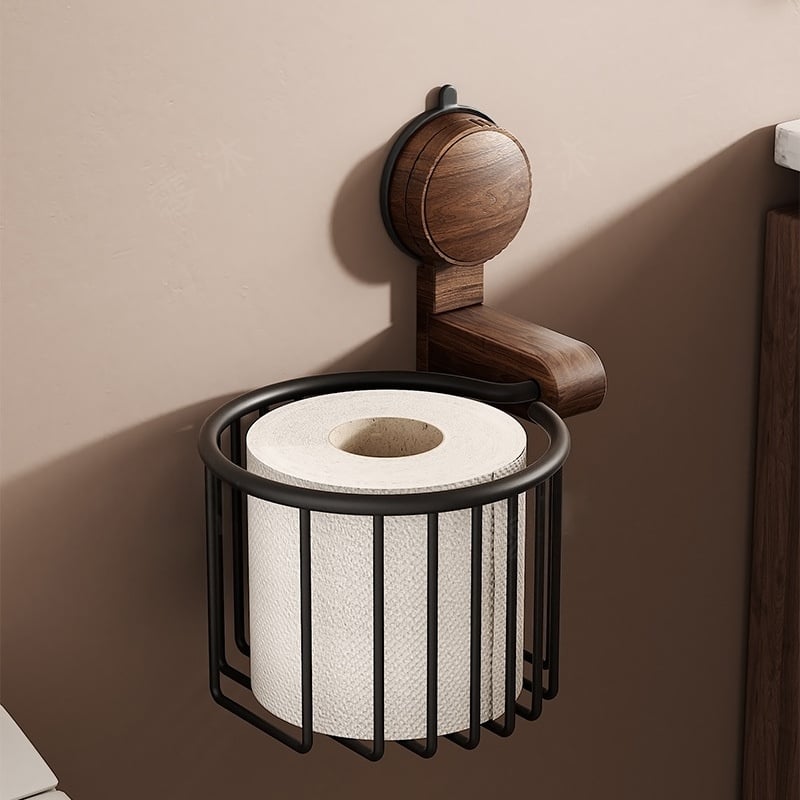 Walnut Wood Toilet Paper Holder – Hole-free with Suction Cup | Bowlift