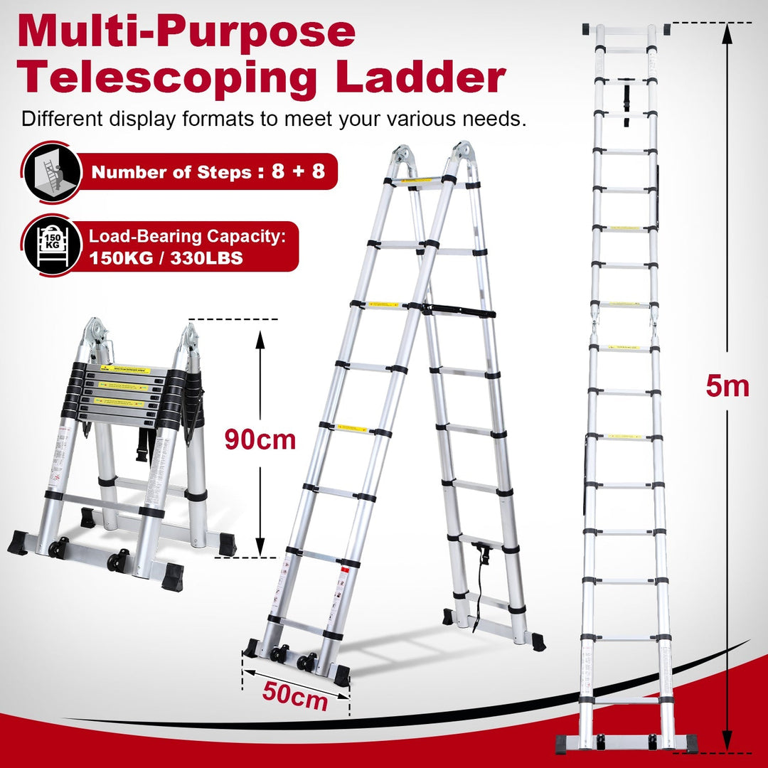 5M Aluminum Telescopic Ladder Folding Ladder with Wheels and Triangle Stabilizer | Bowlift