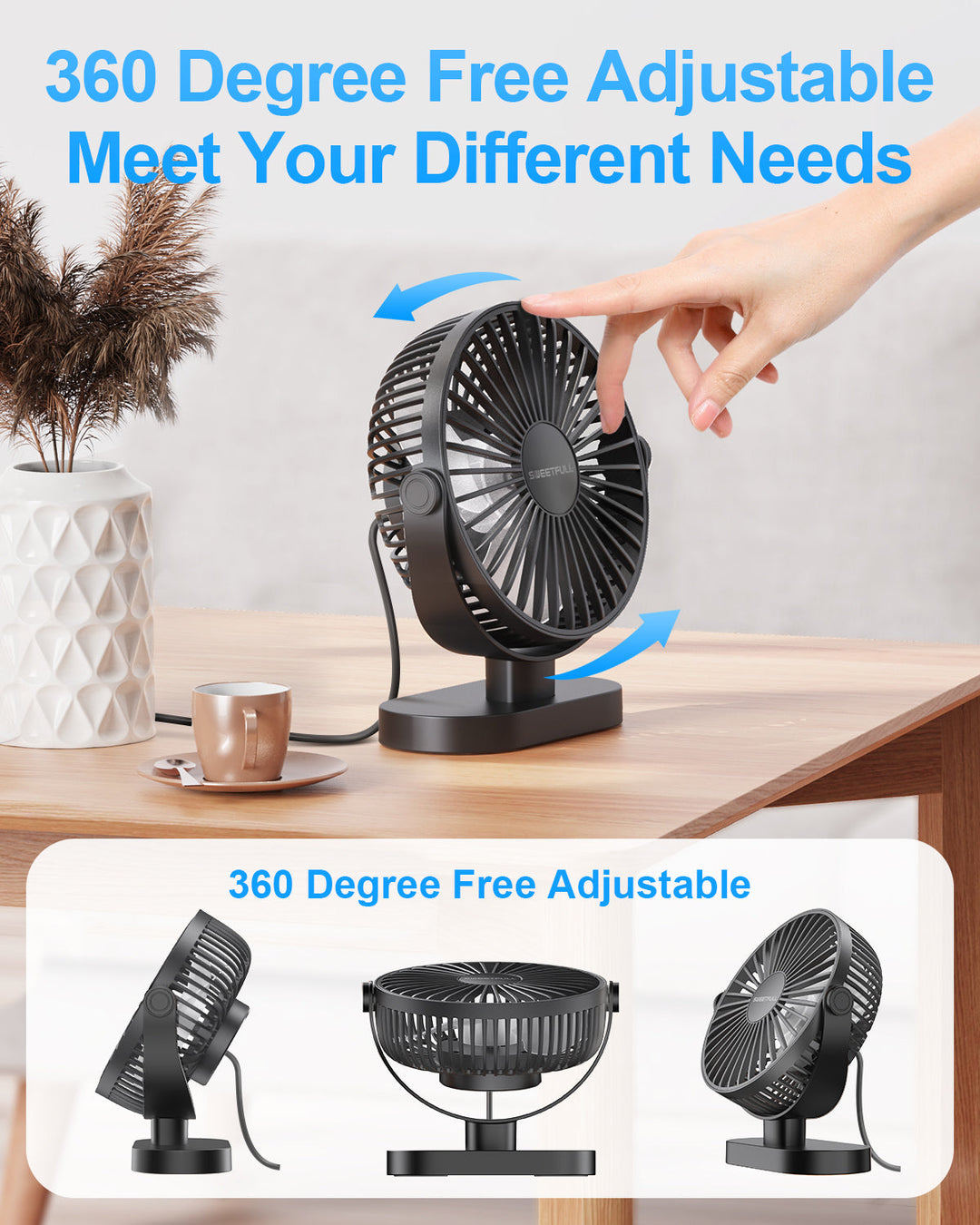 6.5 Inch USB Small Desk Fan for Home Office Car Outdoor Travel | Bowlift