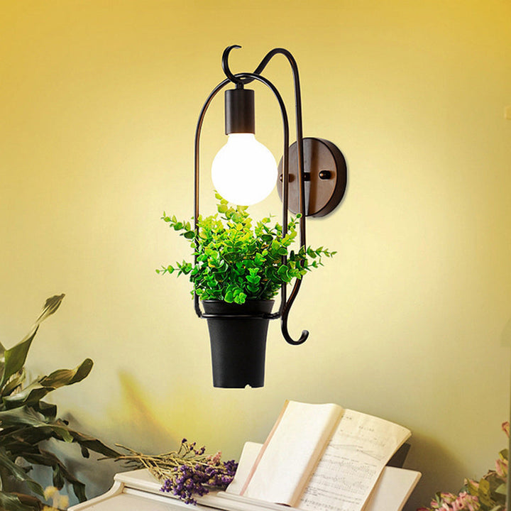 BowLift | Potted Plant Restaurant Wall Lamp Industrial Metal 1 Bulb Black LED Wall Lighting