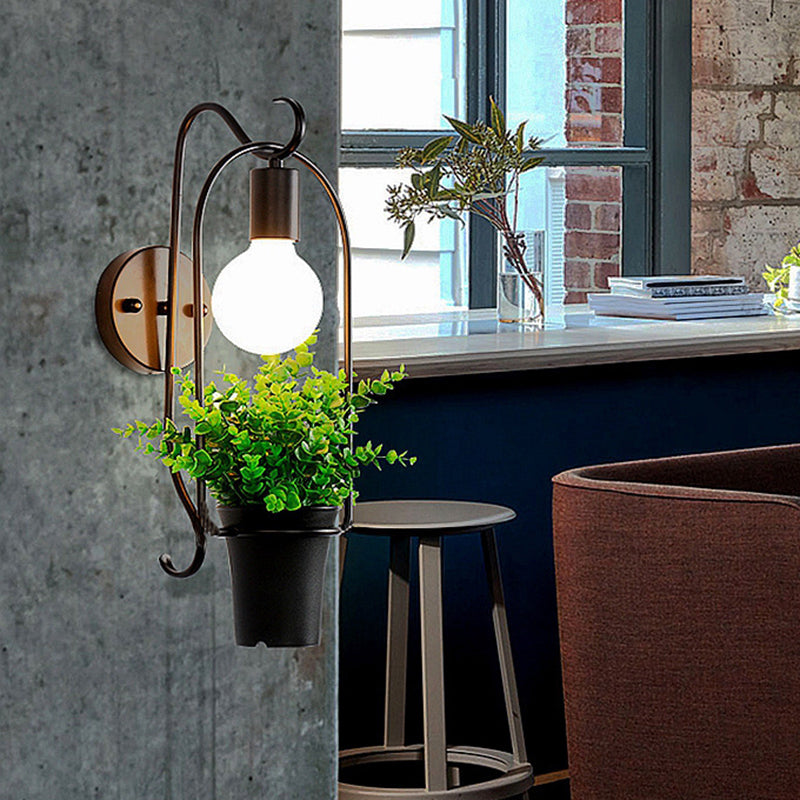BowLift | Potted Plant Restaurant Wall Lamp Industrial Metal 1 Bulb Black LED Wall Lighting