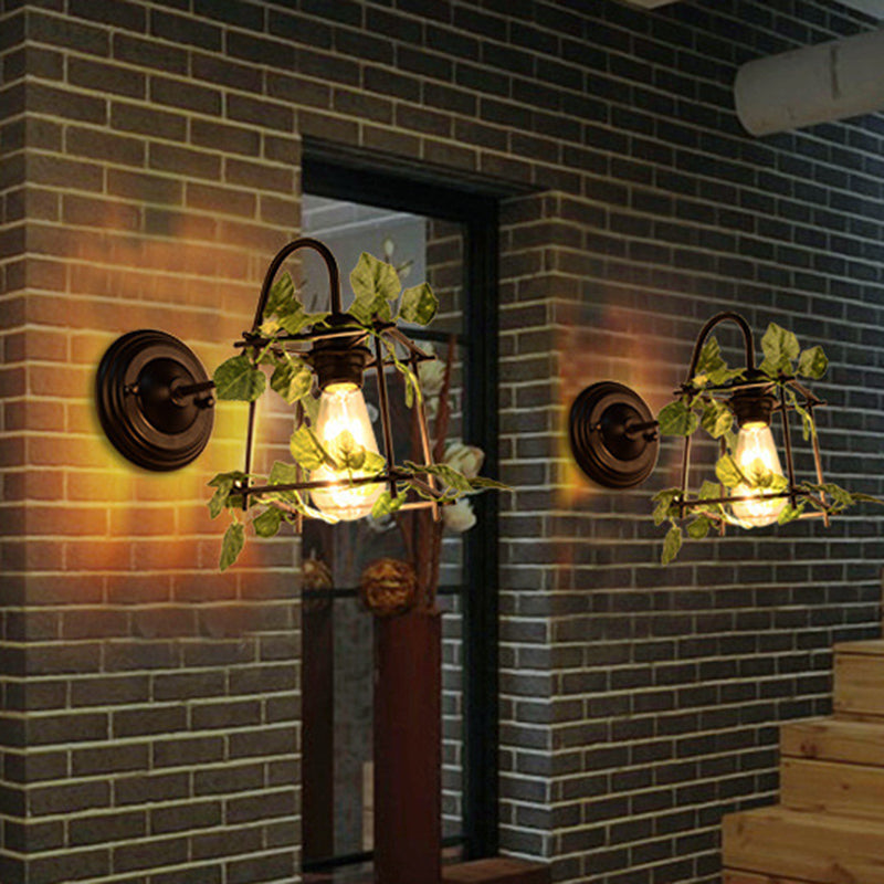 BowLift | 1 Light Wall Lighting Fixture Industrial Diamond / Globe / Square Metal LED Wall Lamp Sconces in Black with Plants