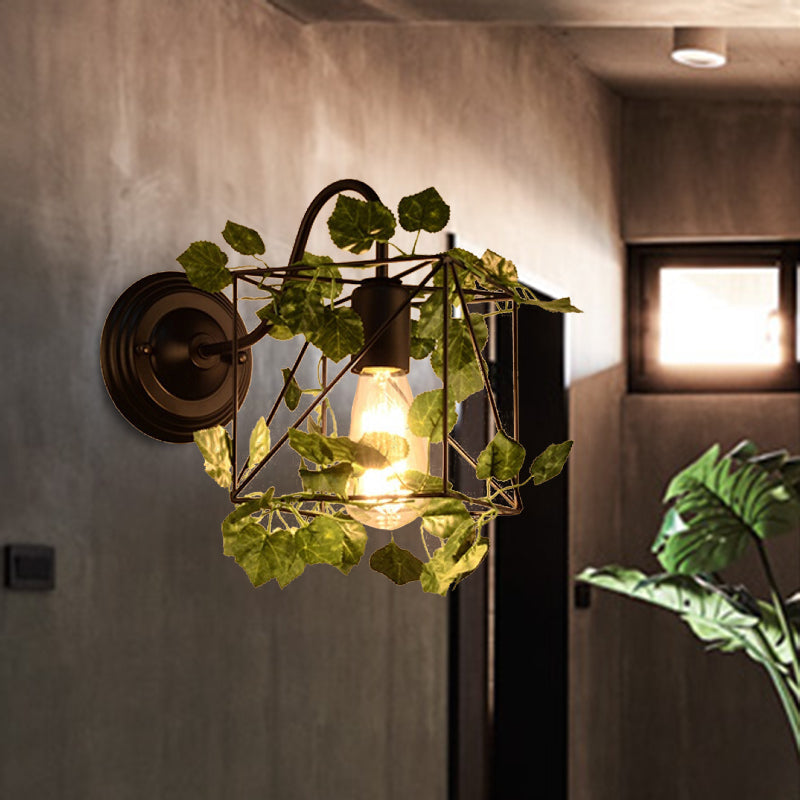 BowLift | 1 Light Wall Lighting Fixture Industrial Diamond / Globe / Square Metal LED Wall Lamp Sconces in Black with Plants