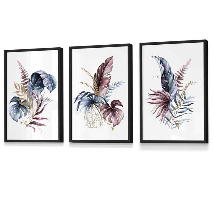 Botanical set with 3 pink and blue floral wall art framed prints | Bowlift