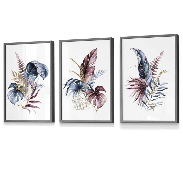 Botanical set with 3 pink and blue floral wall art framed prints | Bowlift
