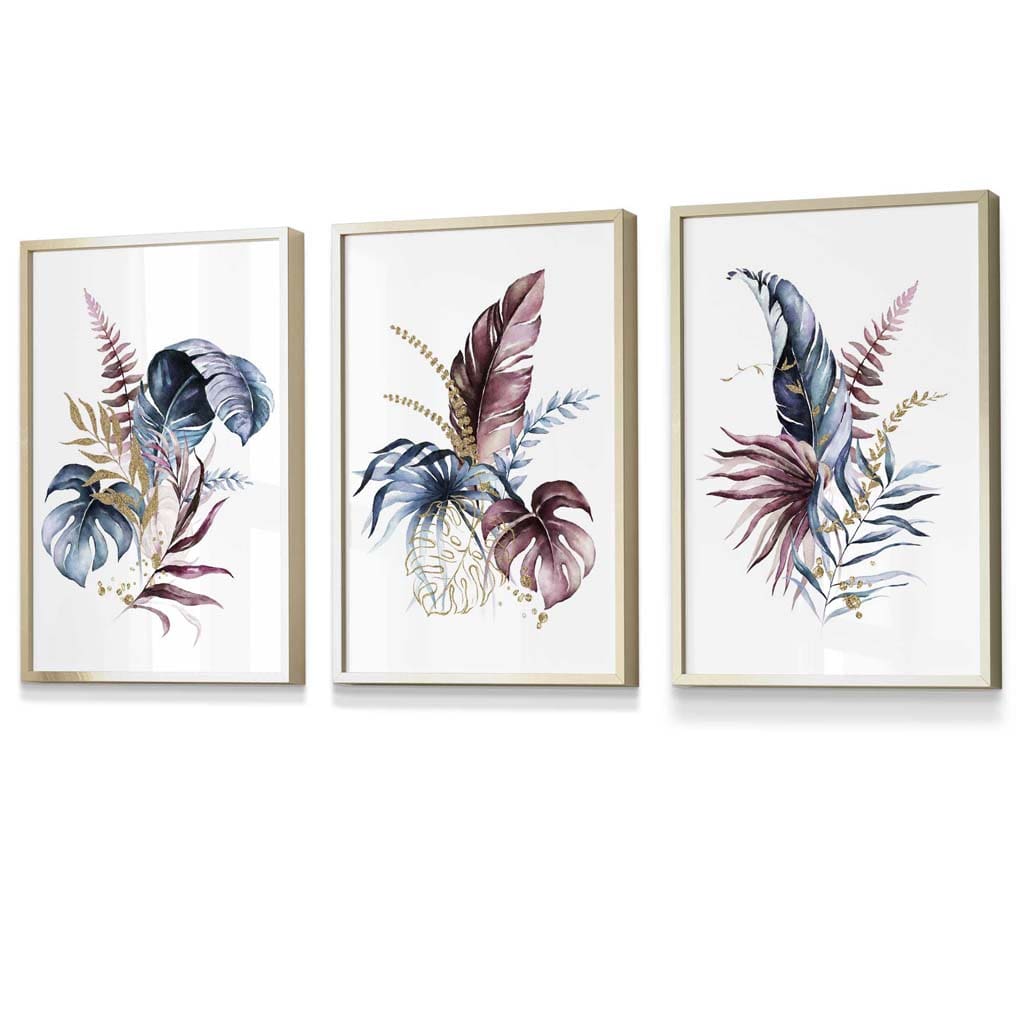 Botanical set with 3 pink and blue floral wall art framed prints | Bowlift