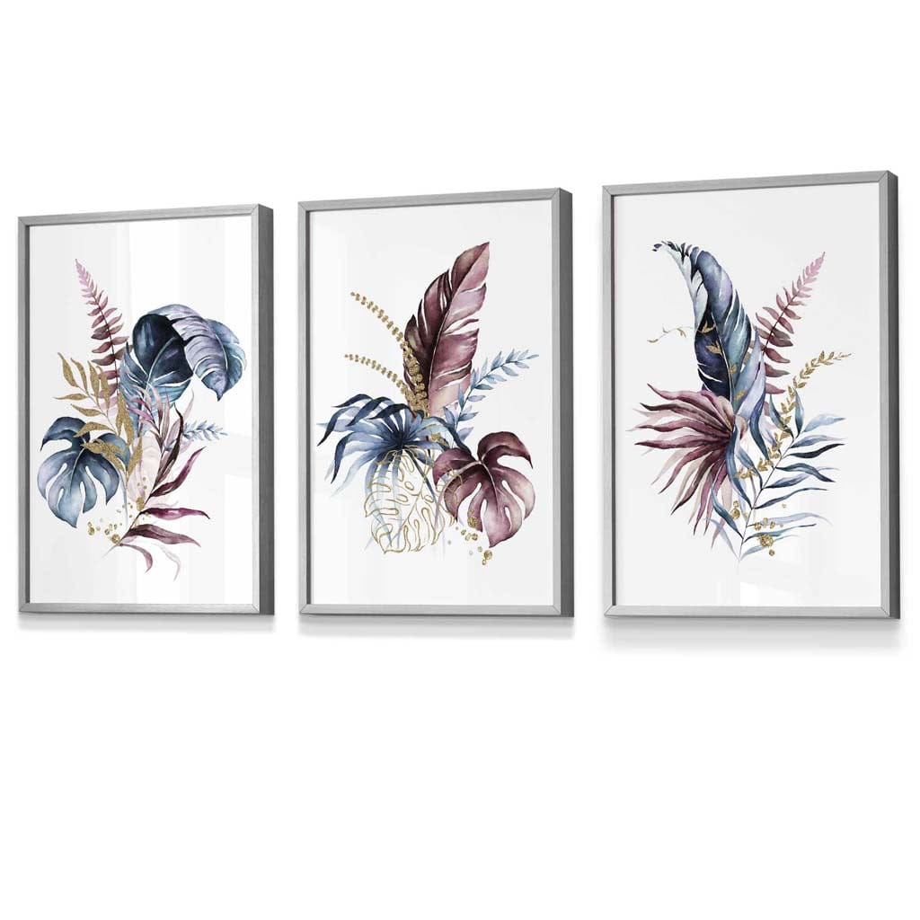 Botanical set with 3 pink and blue floral wall art framed prints | Bowlift