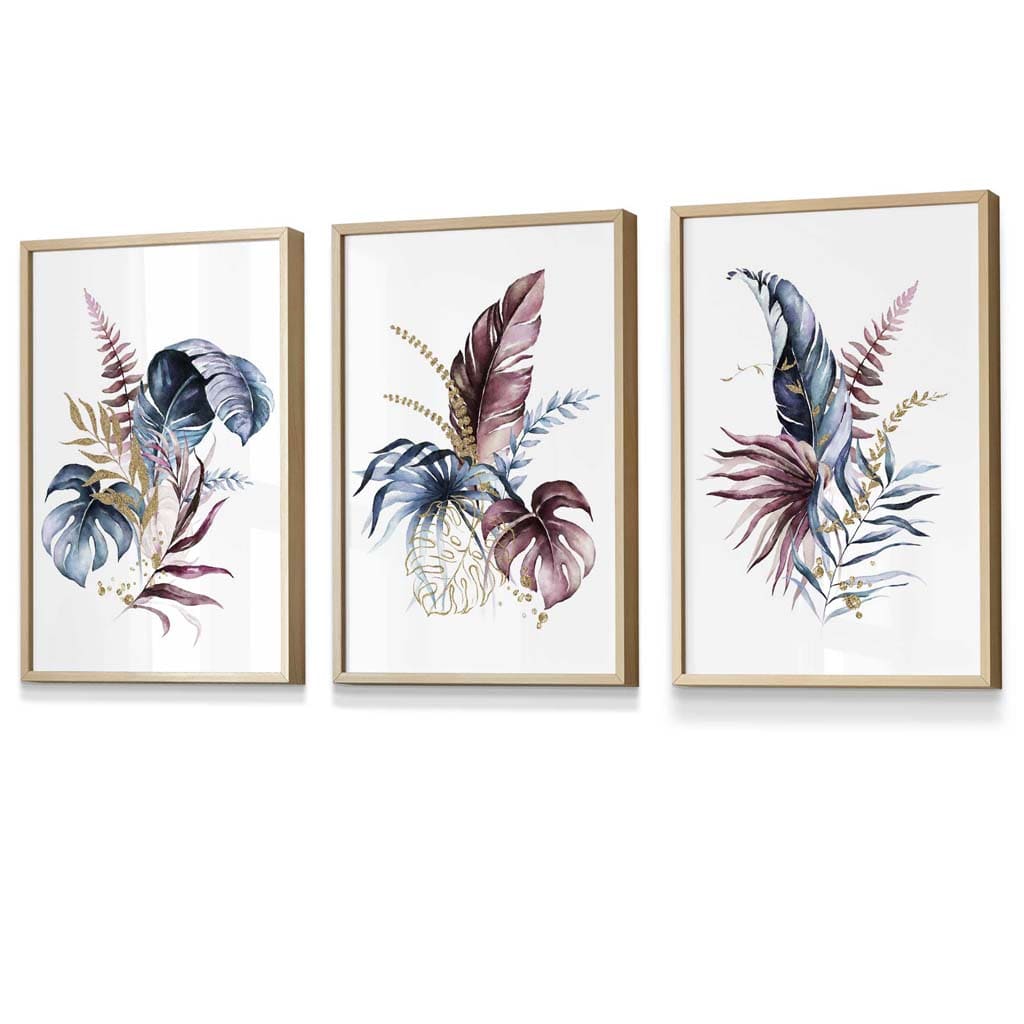 Botanical set with 3 pink and blue floral wall art framed prints | Bowlift