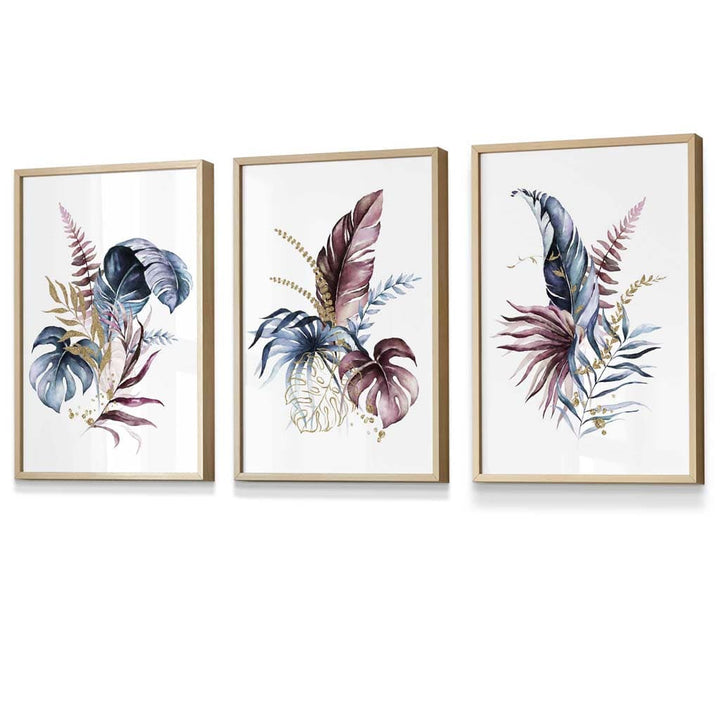 Botanical set with 3 pink and blue floral wall art framed prints | Bowlift