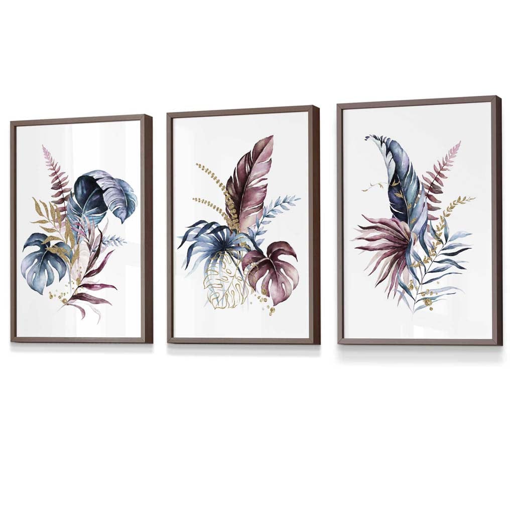 Botanical set with 3 pink and blue floral wall art framed prints | Bowlift