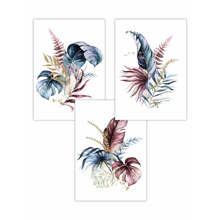Botanical set with 3 pink and blue floral wall art framed prints | Bowlift