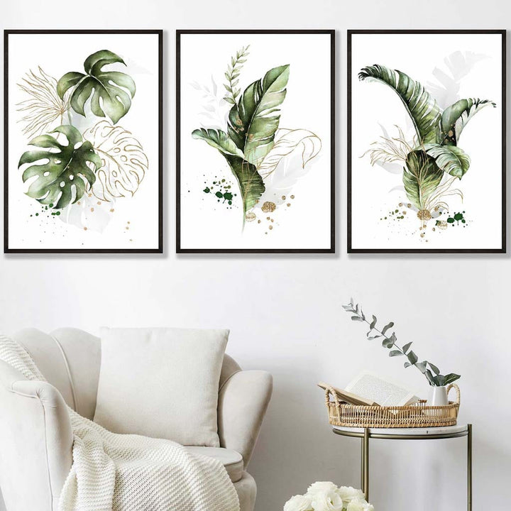 Botanical set of 3 green and golden floral wall art prints | Bowlift