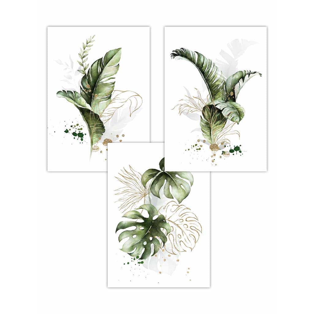 Botanical set of 3 green and golden floral wall art prints | Bowlift