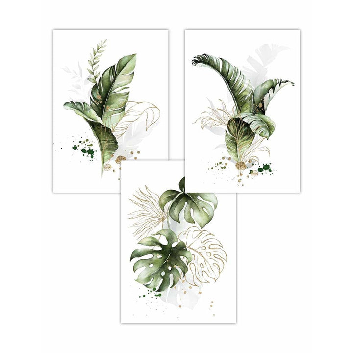 Botanical set of 3 green and golden floral wall art prints | Bowlift