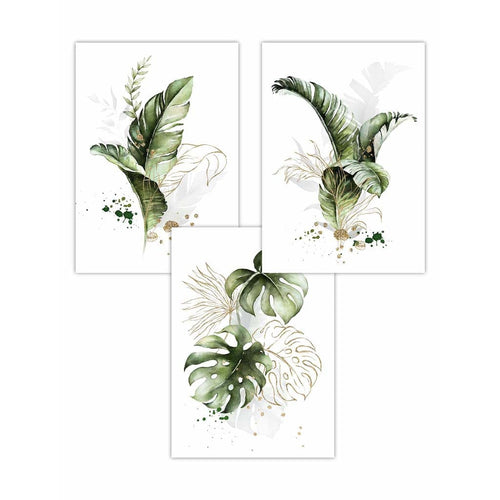 Botanical set of 3 green and golden floral wall art prints | Bowlift