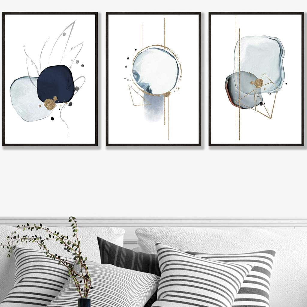 Abstract Winter Mood Navy Gold Art Prints Set of 3 | Bowlift