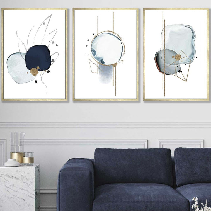 Abstract Winter Mood Navy Gold Art Prints Set of 3 | Bowlift