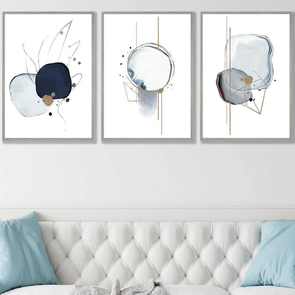 Abstract Winter Mood Navy Gold Art Prints Set of 3 | Bowlift