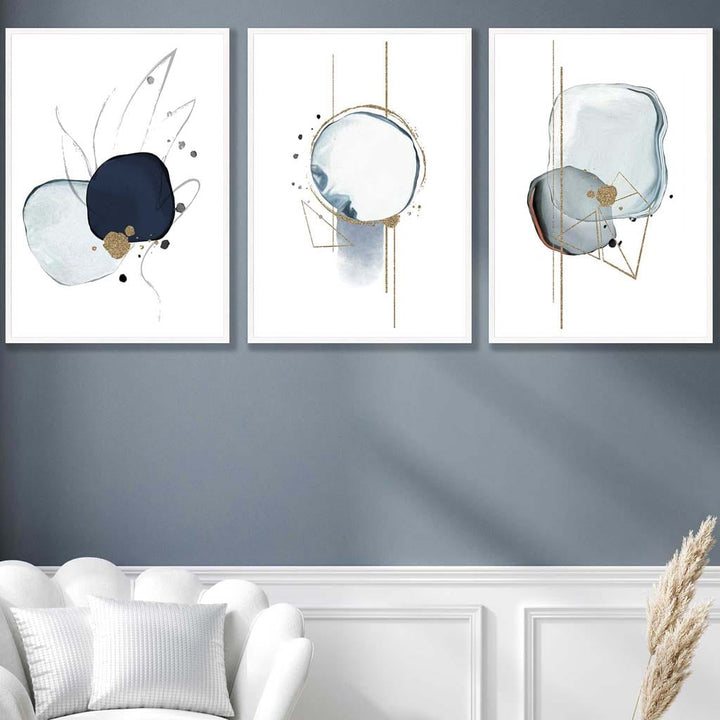 Abstract Winter Mood Navy Gold Art Prints Set of 3 | Bowlift