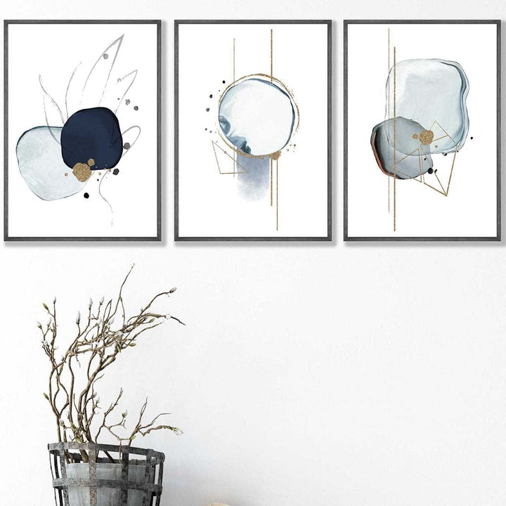 Abstract Winter Mood Navy Gold Art Prints Set of 3 | Bowlift