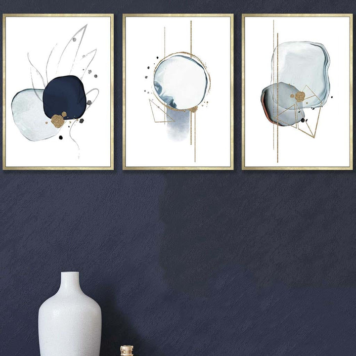 Abstract Winter Mood Navy Gold Art Prints Set of 3 | Bowlift