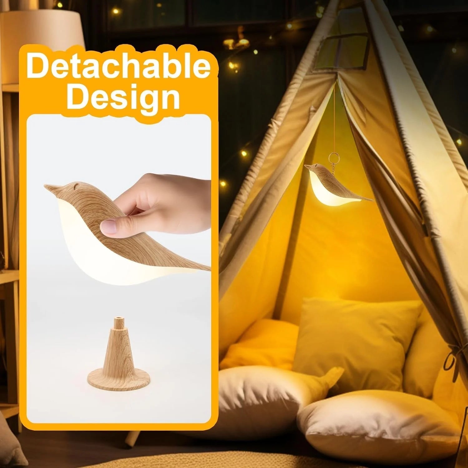 BowLift | Touch-Control Wooden Bird Night Light - Rechargeable LED Bedside Lamp