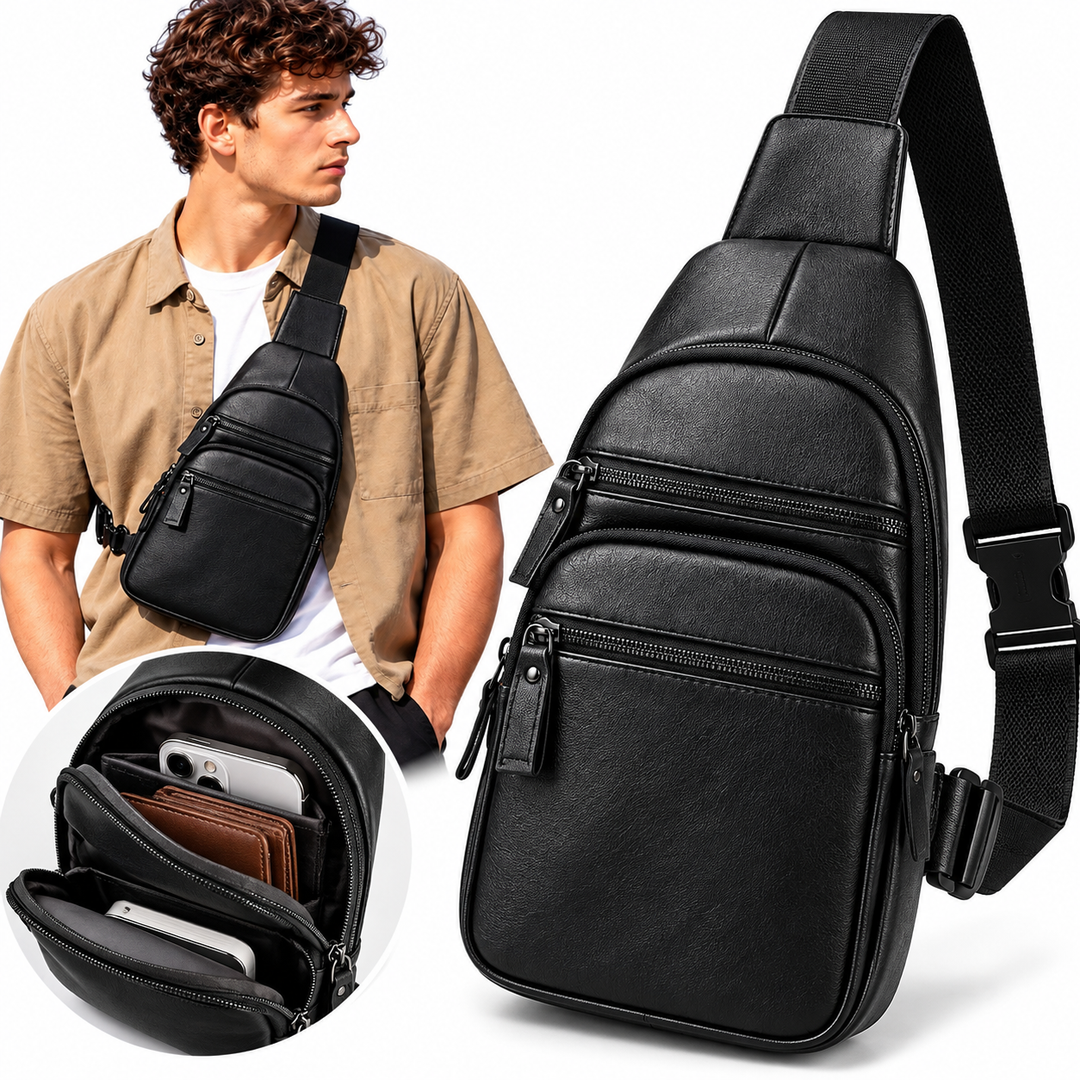 Leather Crossbody Sling Bag with Multiple Zipper Pockets and Adjustable Strap Bowlift
