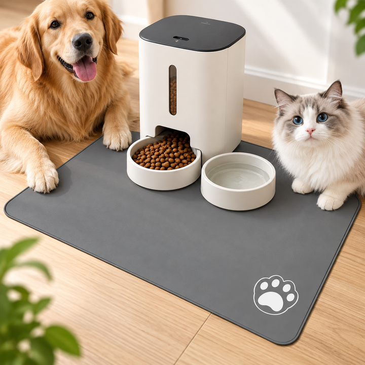 Non-Slip Waterproof Pet Feeding Mat with Raised Edge and Cat Silhouette Bowlift
