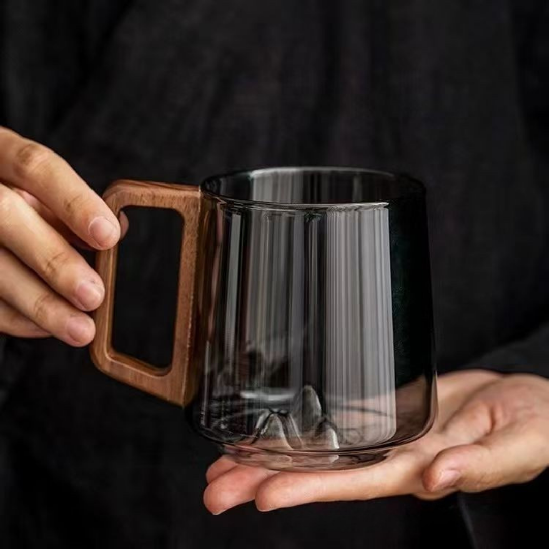 WoodGrip Glass Mug 400 ml with Wooden Handle for Hot and Cold | Bowlift