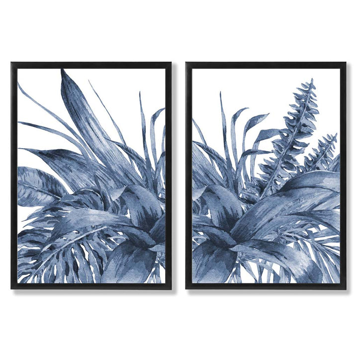Blue Tropical Leaves Watercolor Framed Set of 2 Art Prints | Bowlift
