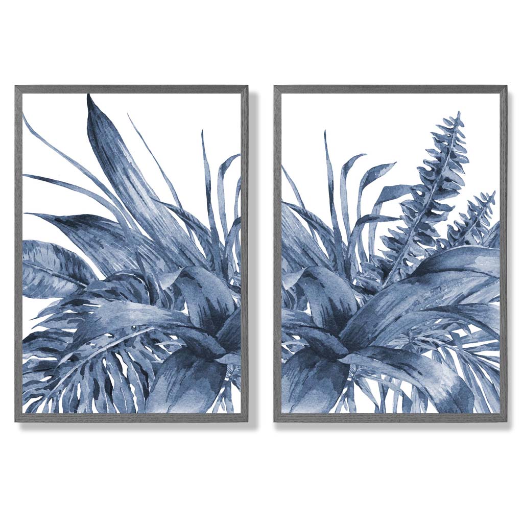 Blue Tropical Leaves Watercolor Framed Set of 2 Art Prints | Bowlift