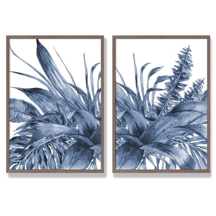 Blue Tropical Leaves Watercolor Framed Set of 2 Art Prints | Bowlift
