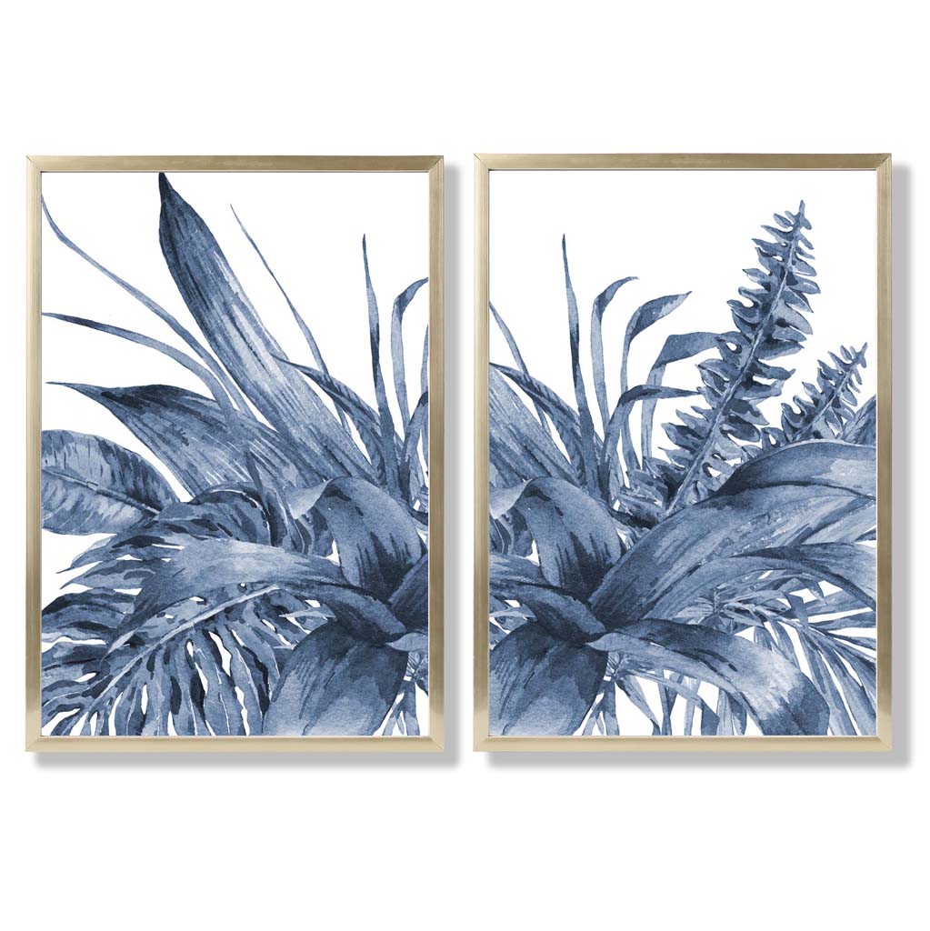 Blue Tropical Leaves Watercolor Framed Set of 2 Art Prints | Bowlift