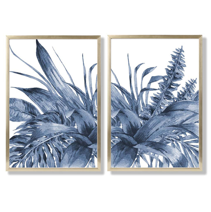 Blue Tropical Leaves Watercolor Framed Set of 2 Art Prints | Bowlift