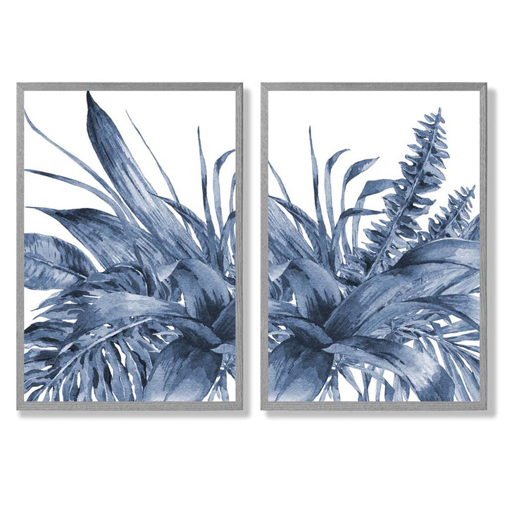 Blue Tropical Leaves Watercolor Framed Set of 2 Art Prints | Bowlift