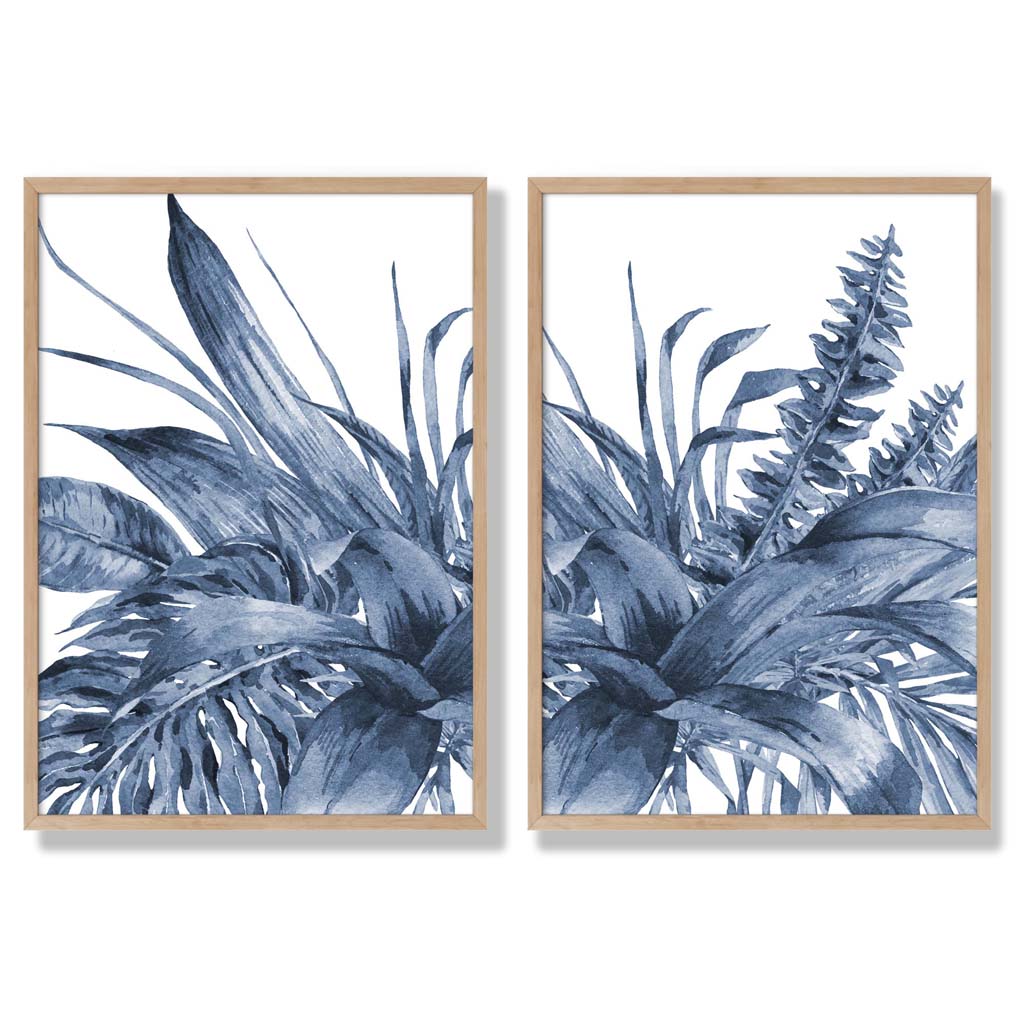 Blue Tropical Leaves Watercolor Framed Set of 2 Art Prints | Bowlift