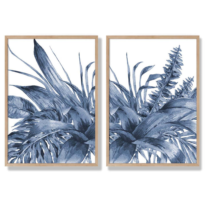 Blue Tropical Leaves Watercolor Framed Set of 2 Art Prints | Bowlift
