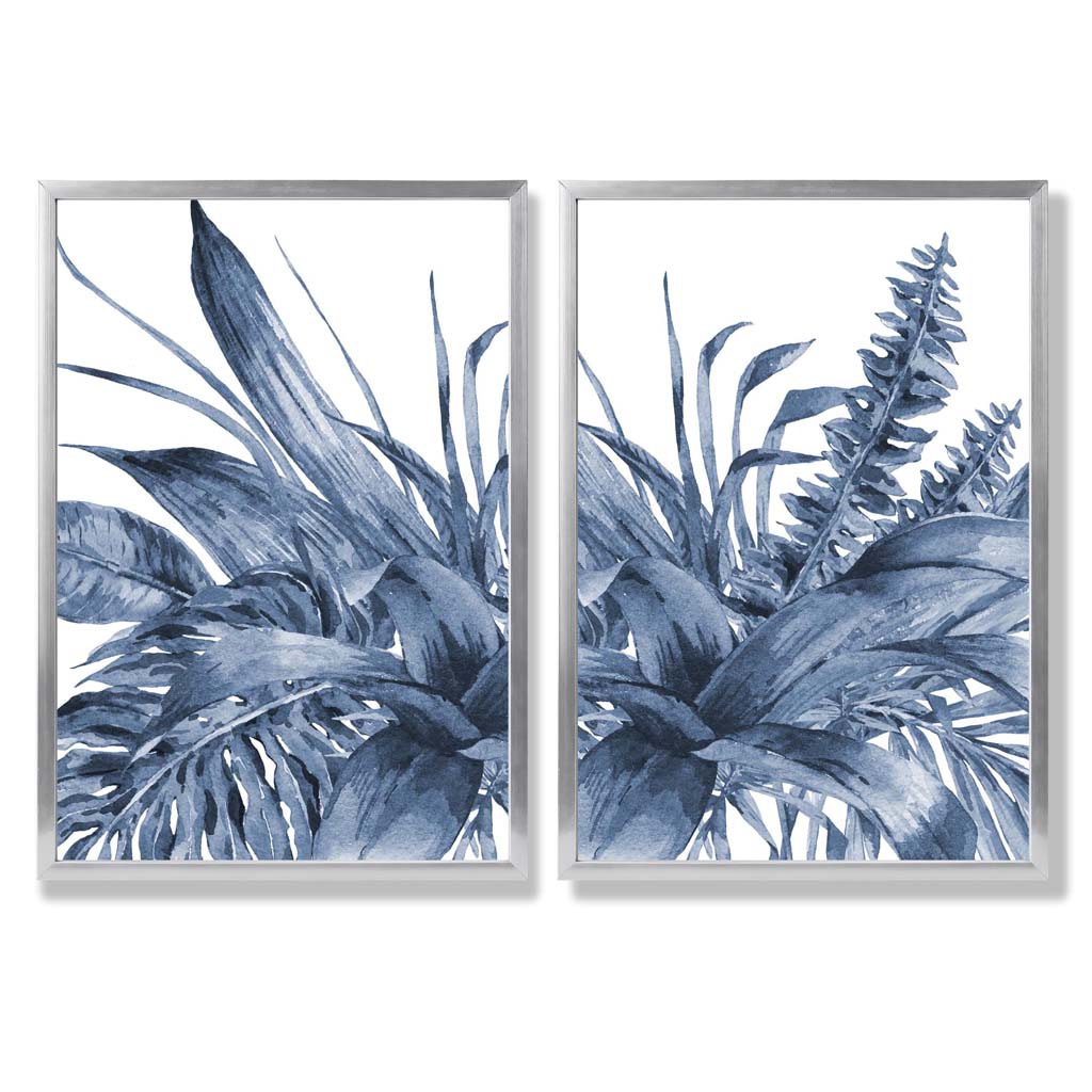 Blue Tropical Leaves Watercolor Framed Set of 2 Art Prints | Bowlift